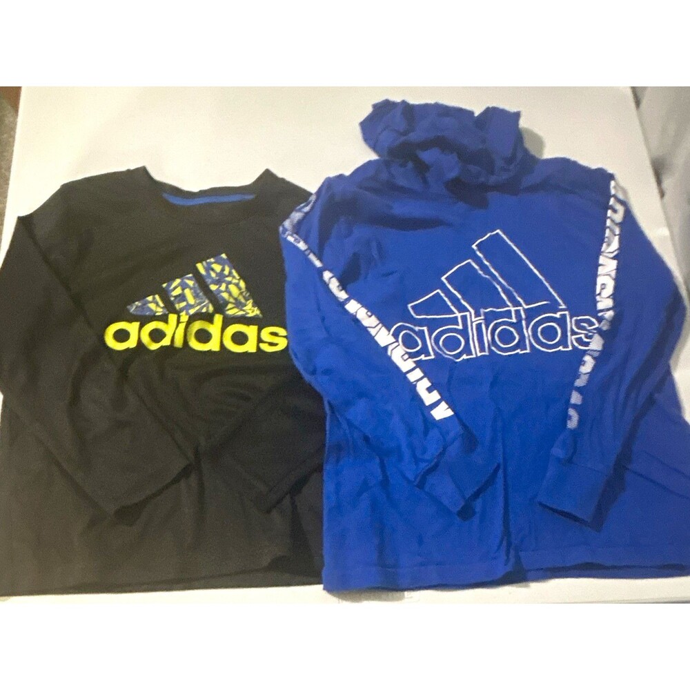 Adidas Boys Long Sleeve Tops: Black Logo Tee & Blue Hooded, Size 6